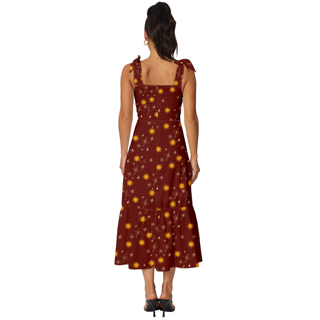 Red Whimsy Tie-Strap Tiered Midi Chiffon Dress