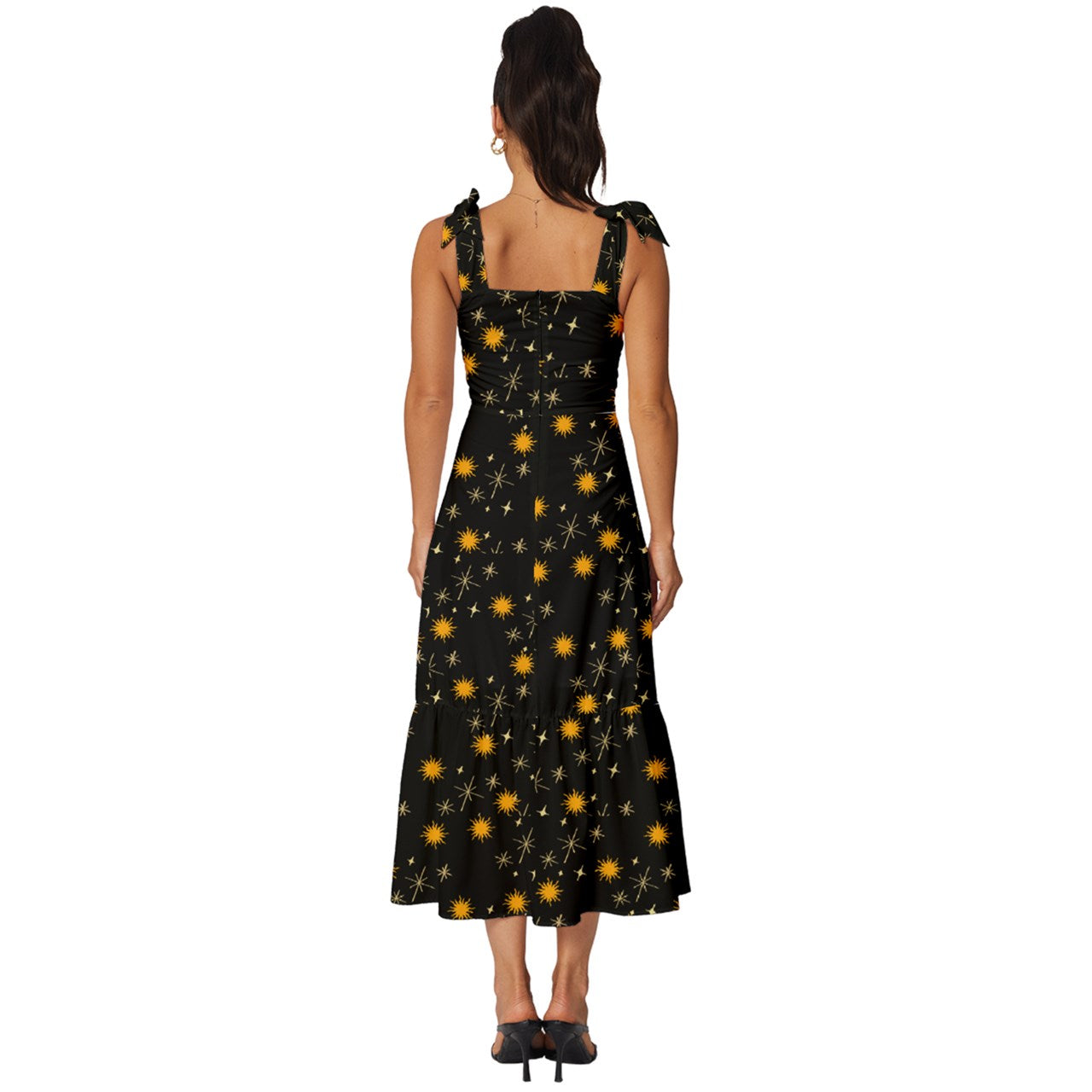 Black Whimsy Tie-Strap Tiered Midi Chiffon Dress