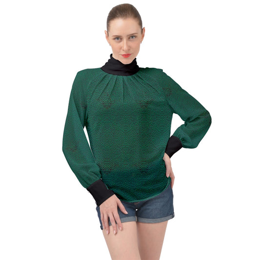 Black Strap greencheeta High Neck Long Sleeve Chiffon Top