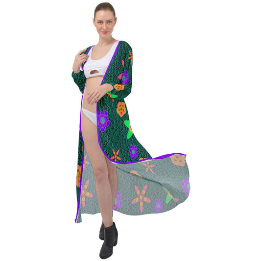 purple green stripe Indigo Flower Maxi Chiffon Beach Robe