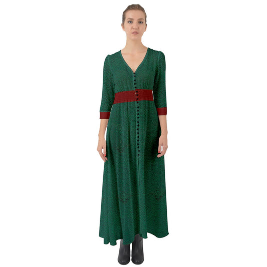 Red Strap green cheeta Button Up Boho Maxi Dress