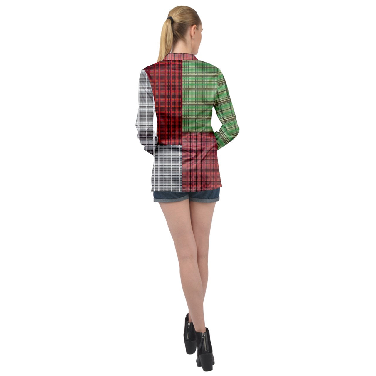 academia plaid color blocking Long Sleeve Satin Shirt