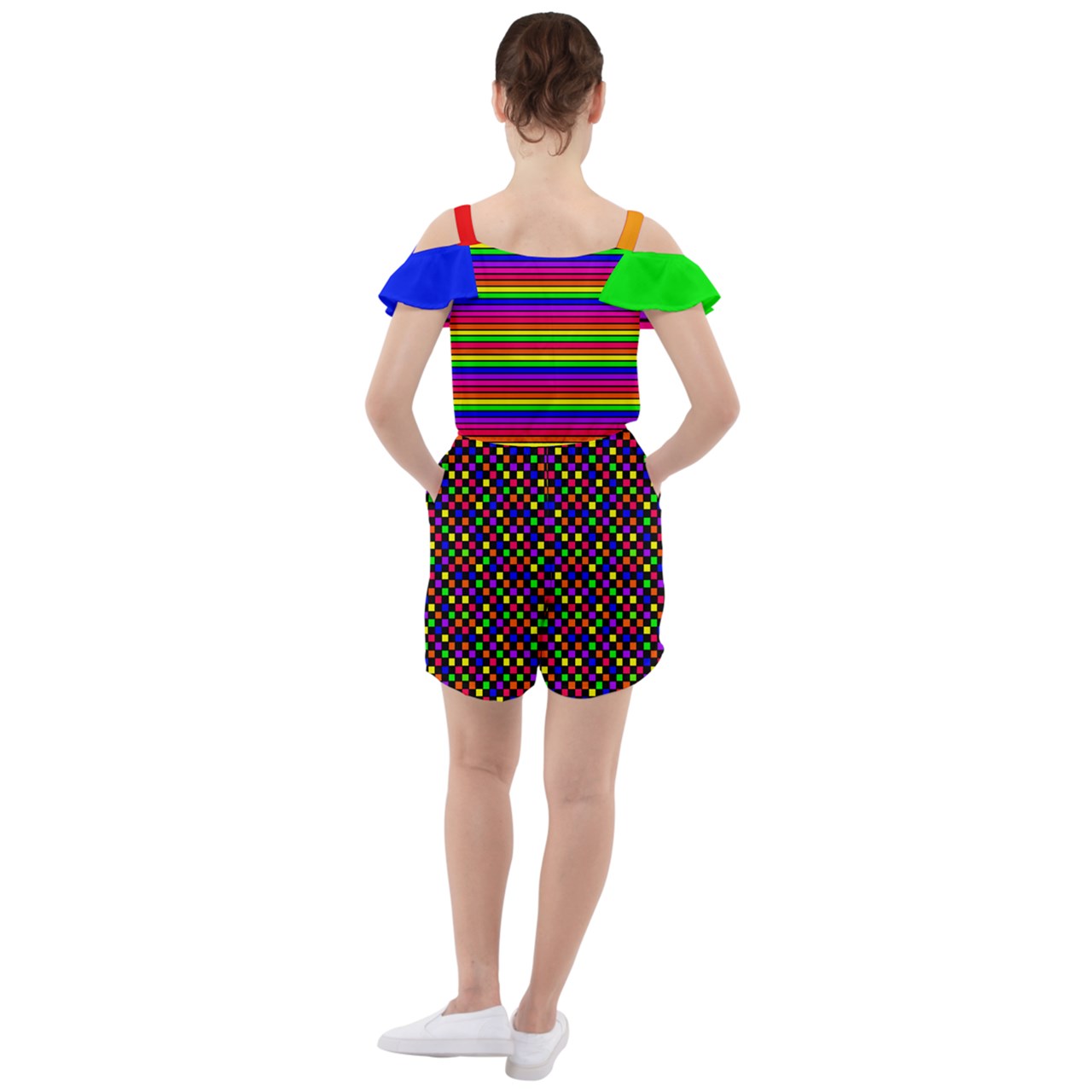 complex rainbow pattern block Ruffle Cut Out Chiffon Playsuit
