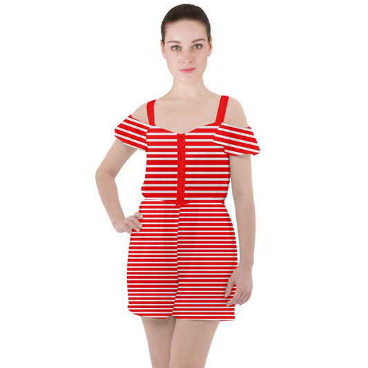 red beach stripe Ruffle Cut Out Chiffon Playsuit