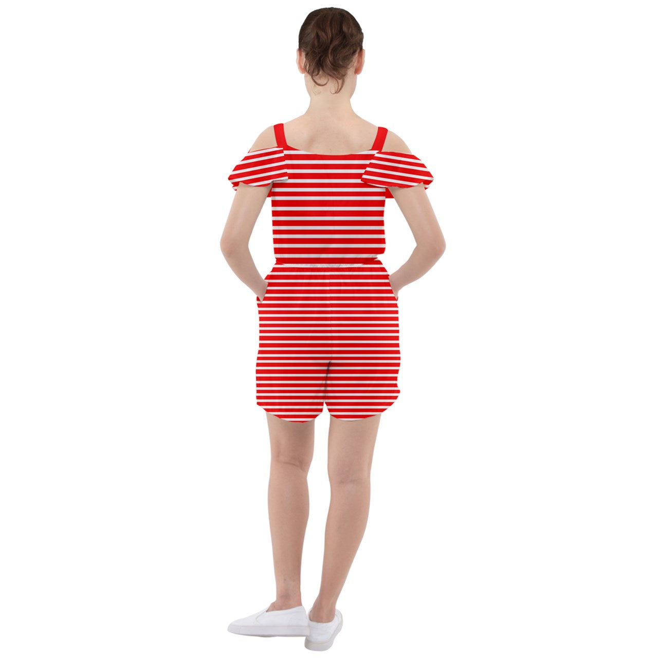 red beach stripe Ruffle Cut Out Chiffon Playsuit