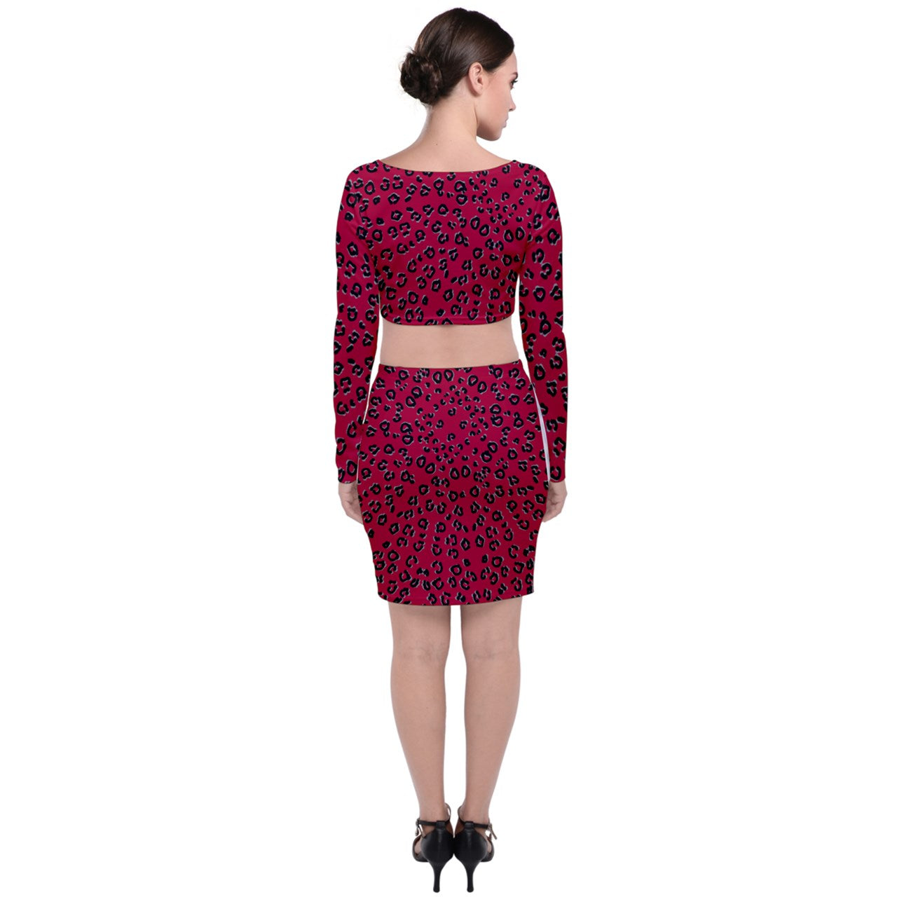 Red Cheetah Long Sleeve Crop Top & Bodycon Skirt Set