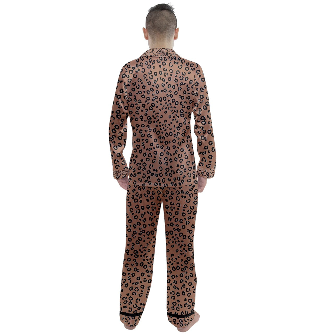 brown cheetah Long Sleeve Satin Pajamas Set