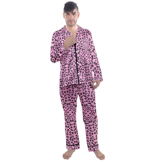 pink cheetah Long Sleeve Satin Pajamas Set