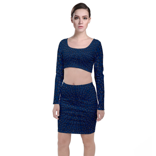 navy cheetah Long Sleeve Crop Top & Bodycon Skirt Set