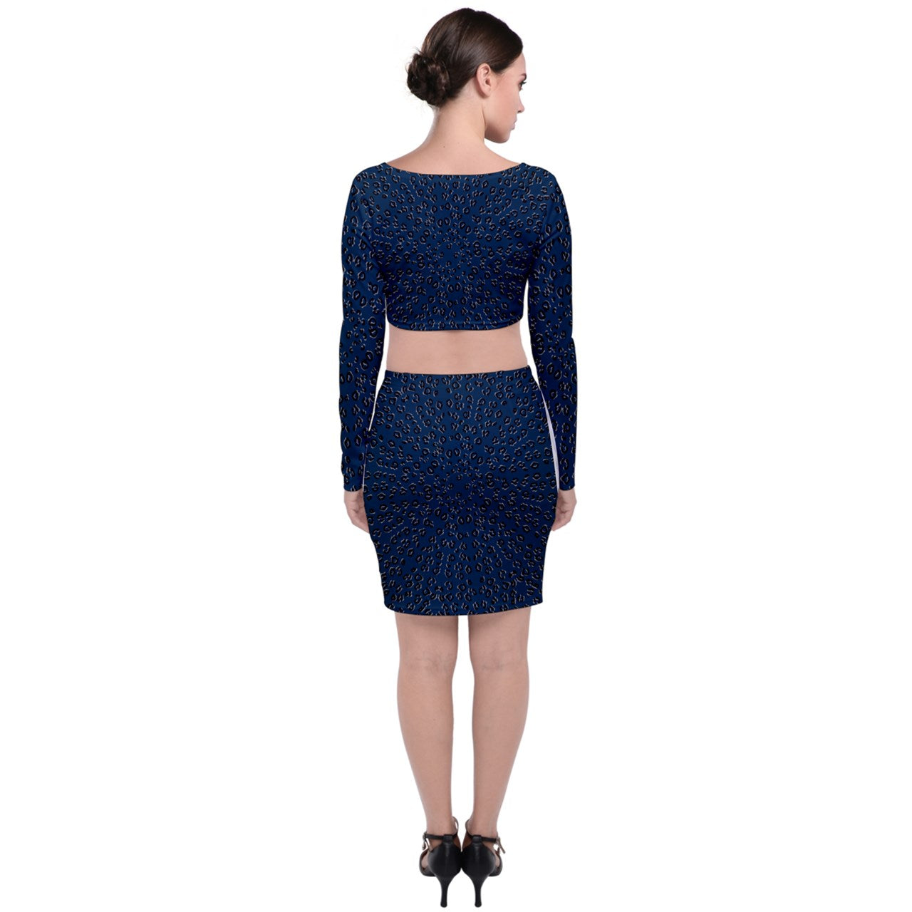 navy cheetah Long Sleeve Crop Top & Bodycon Skirt Set