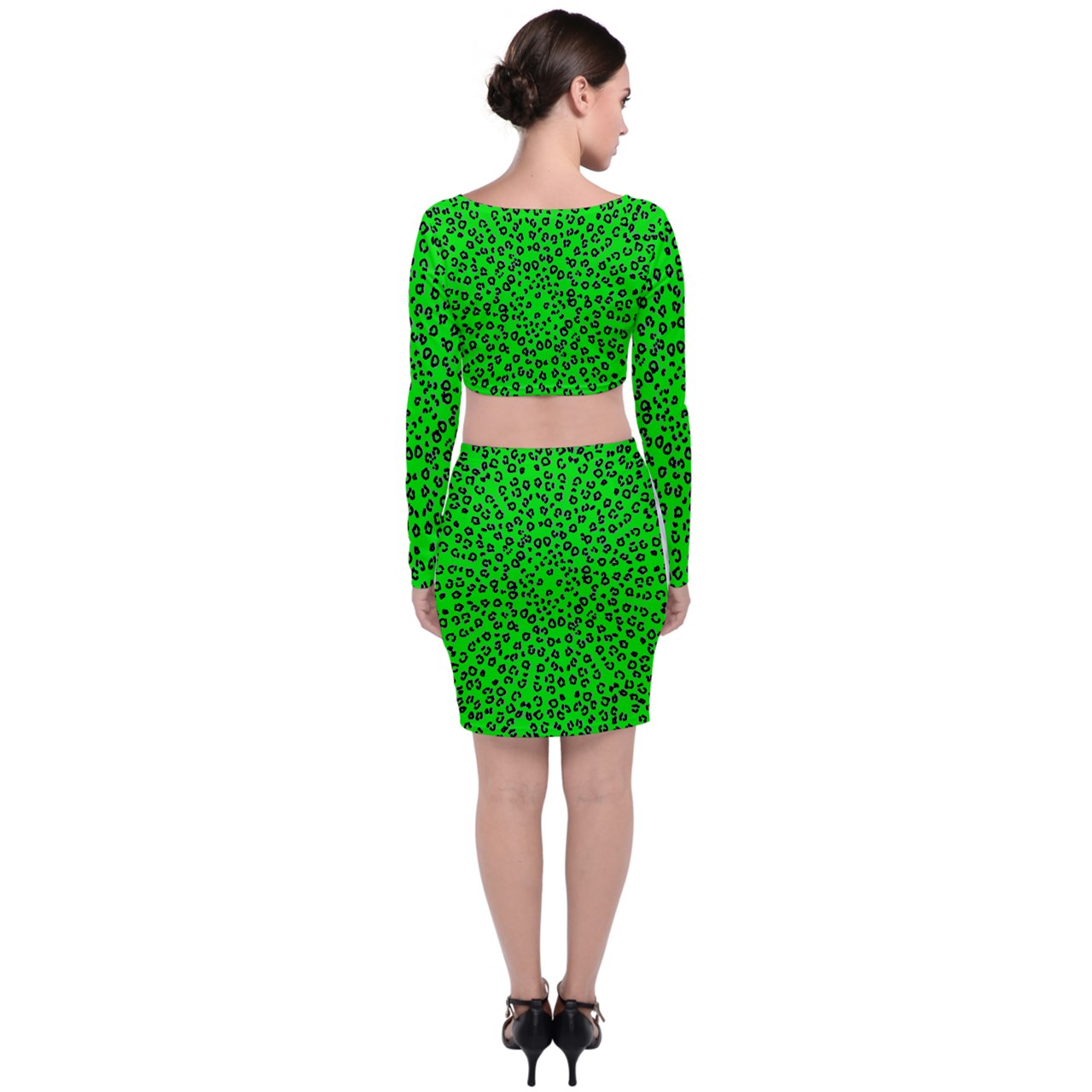 neon green cheetah Long Sleeve Crop Top & Bodycon Skirt Set