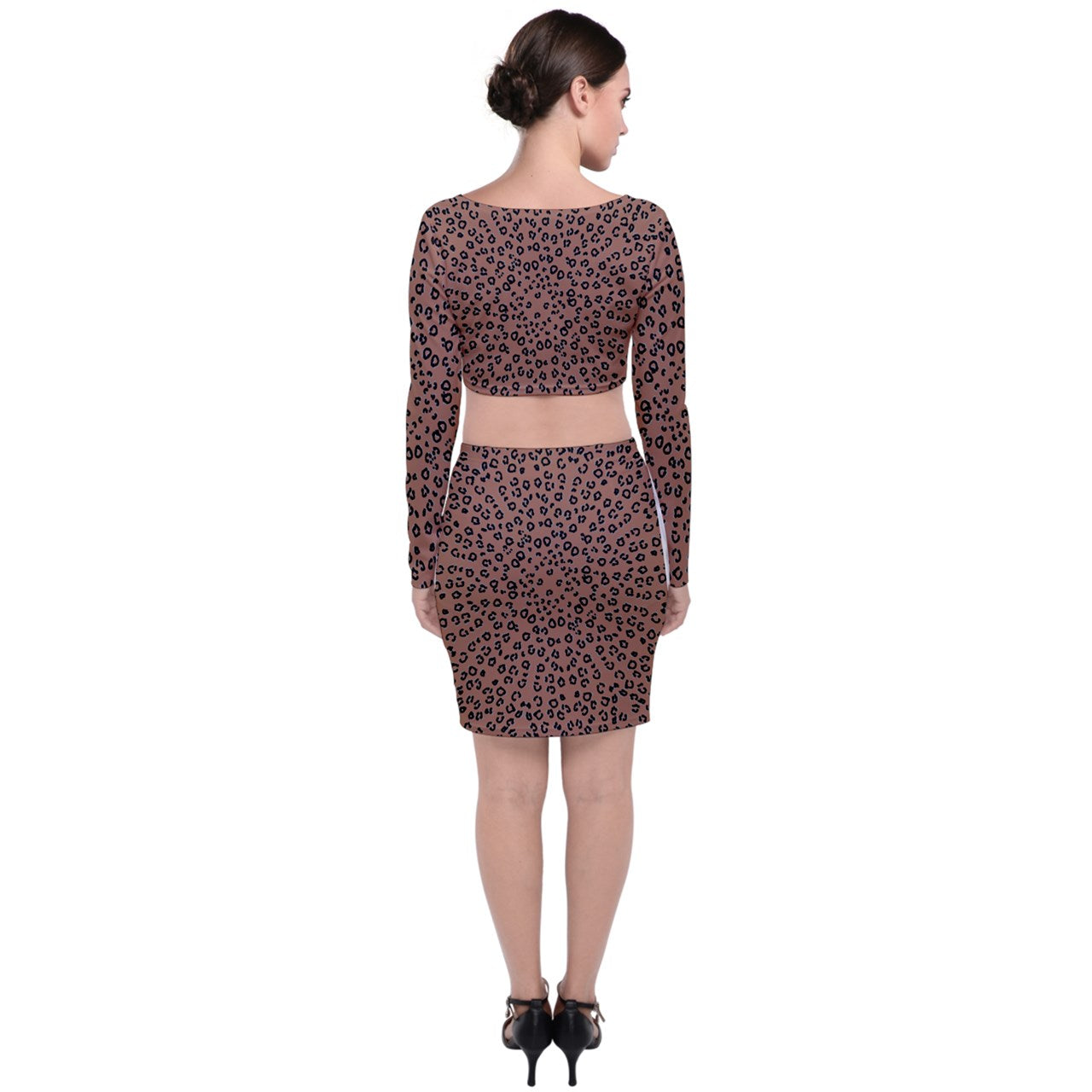 brown cheetah Long Sleeve Crop Top & Bodycon Skirt Set
