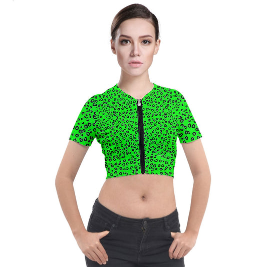 neon green cheetah Short Sleeve Cropped Jacket