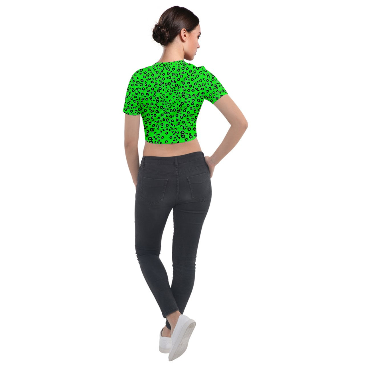 neon green cheetah Short Sleeve Cropped Jacket