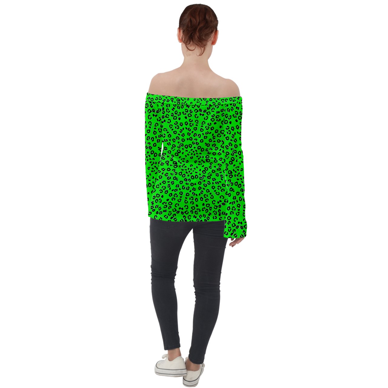 neon green cheetah Off Shoulder Long Sleeve Top