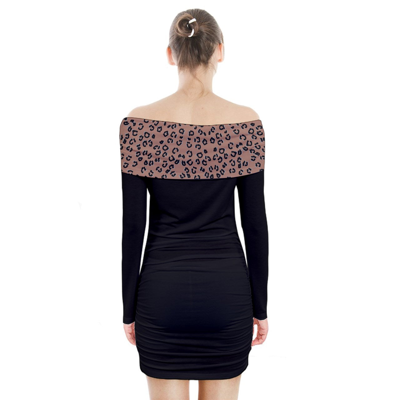 brown cheetah Long Sleeve Off Shoulder Dress