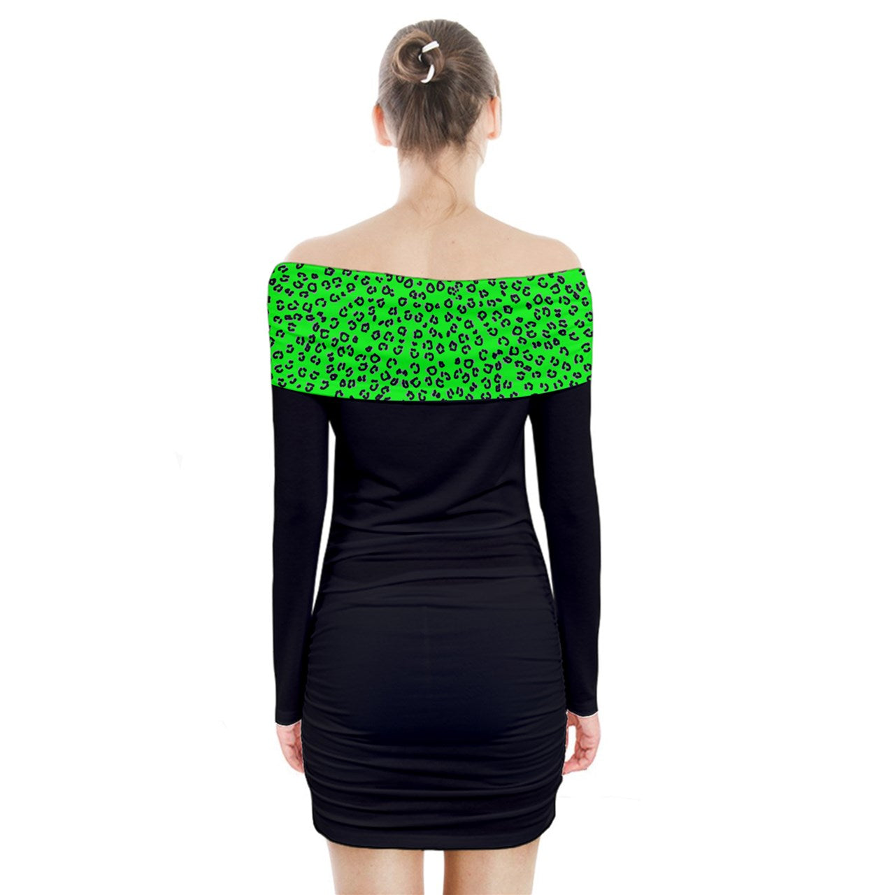 neon green cheetah print Long Sleeve Off Shoulder Dress