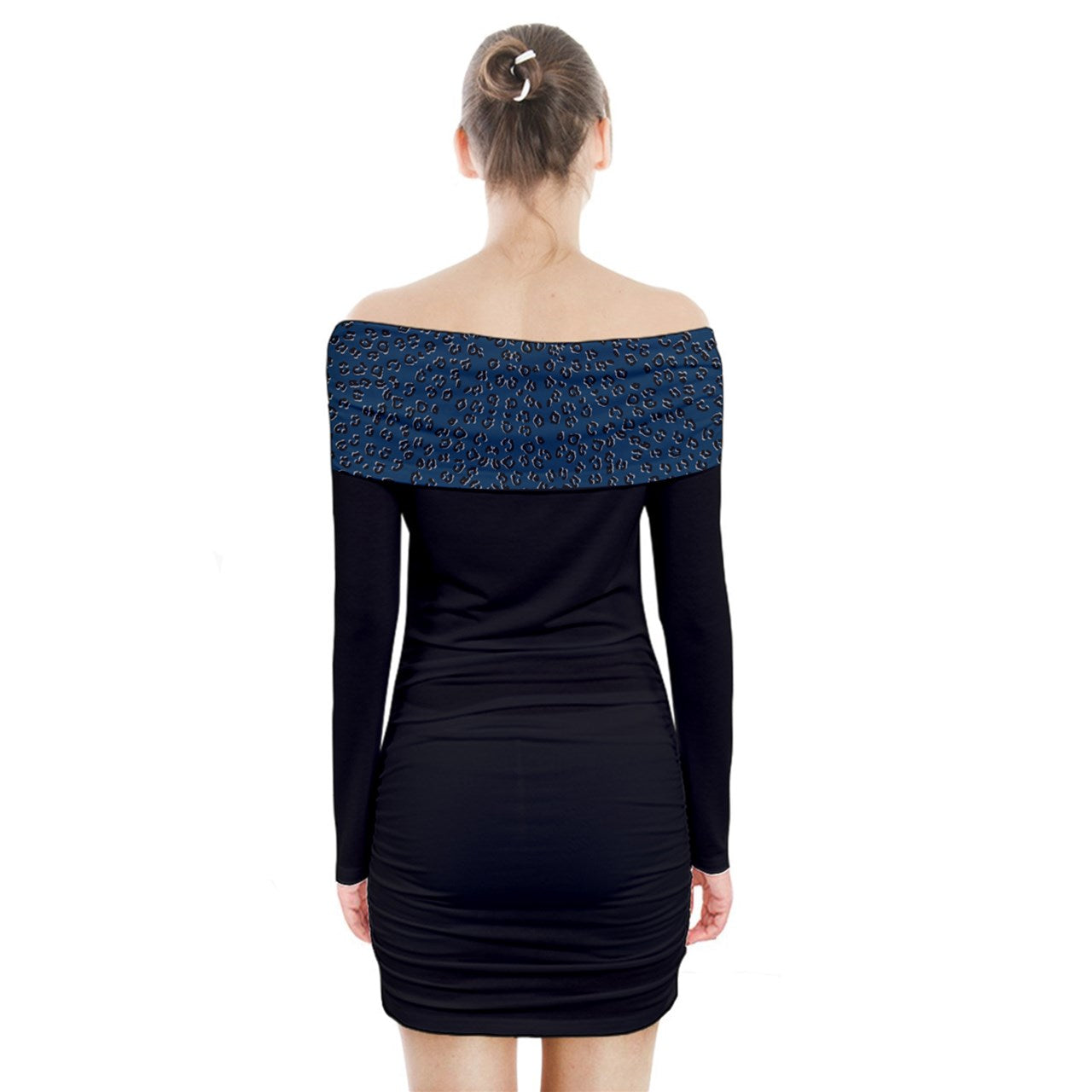 navy cheetah Long Sleeve Off Shoulder Dress