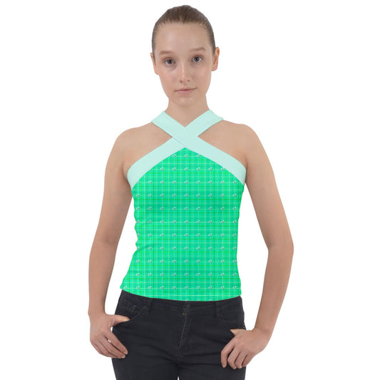 Green y2k plaid Cross Neck Velour Top