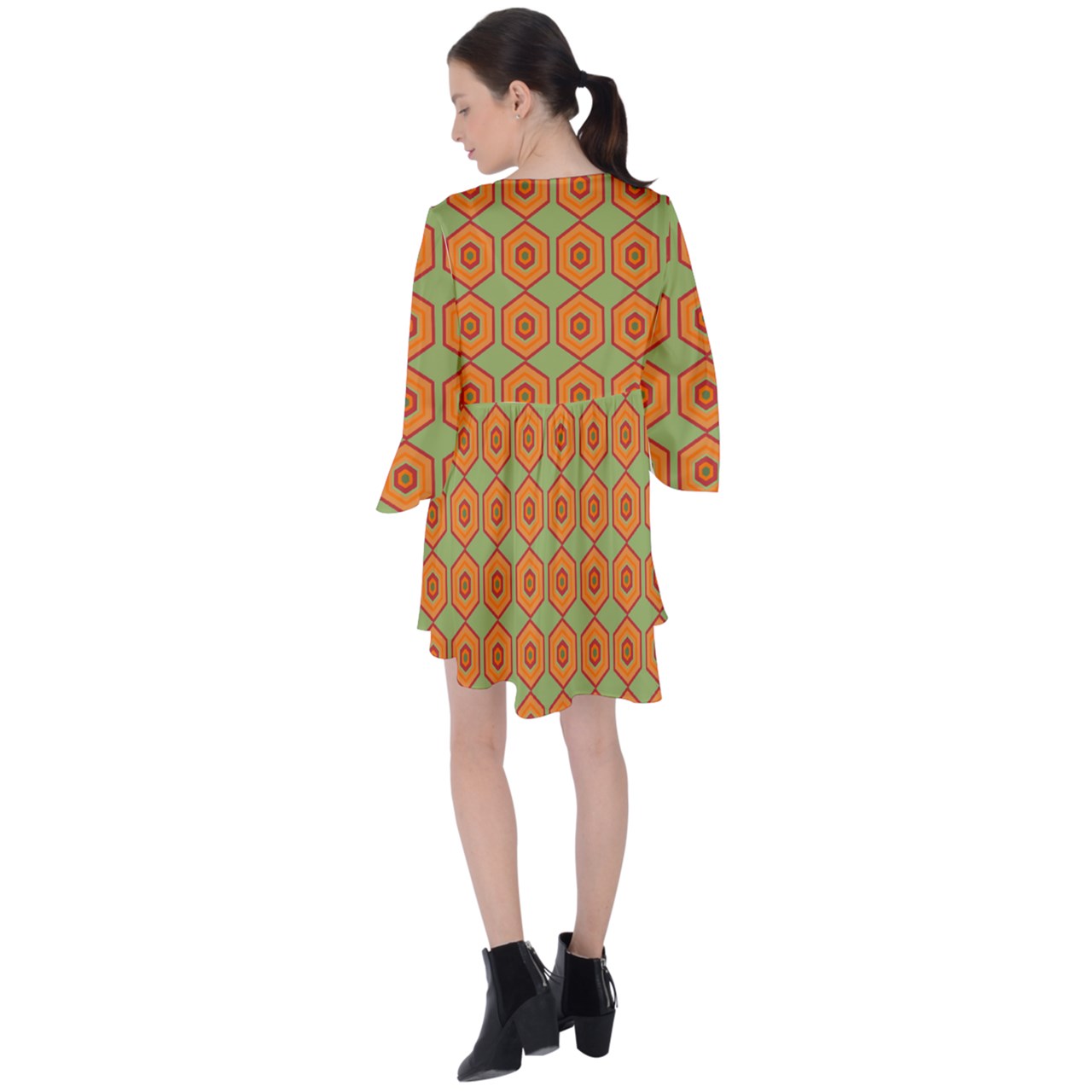 Groovy Beehive V-Neck Flare Sleeve Mini Dress