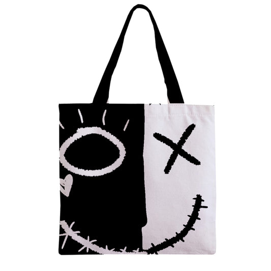 Monochrome Smiley Zipper Grocery Tote Bag