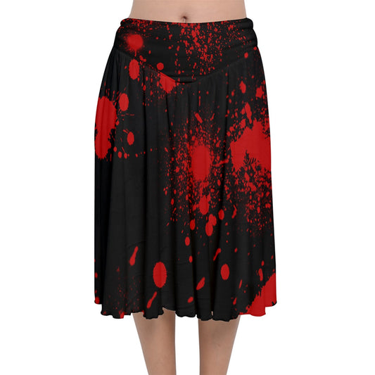 Black Blood Spatter Velvet Flared Midi Skirt