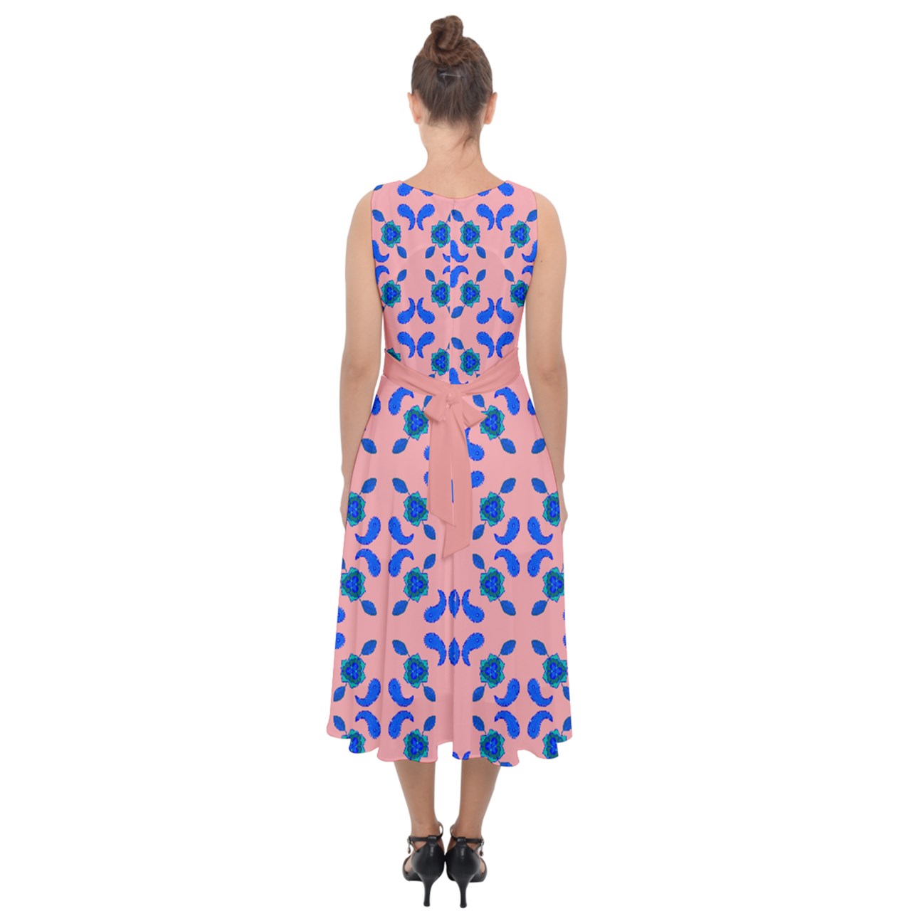 Blue Summer Paisley Peach Belt Tie-Back Chiffon Dress