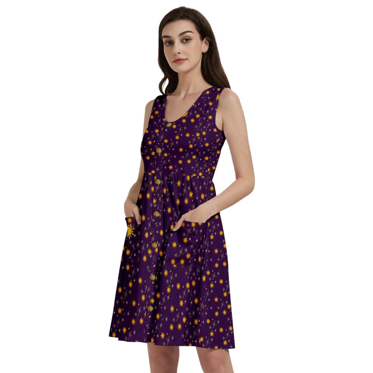 Purple Whimsy Button Dress With Pocket