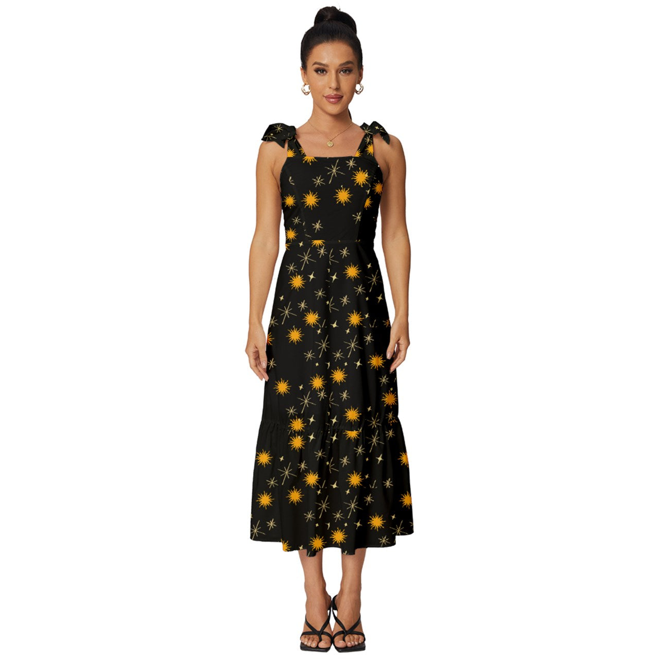 Black Whimsy Tie-Strap Tiered Midi Chiffon Dress