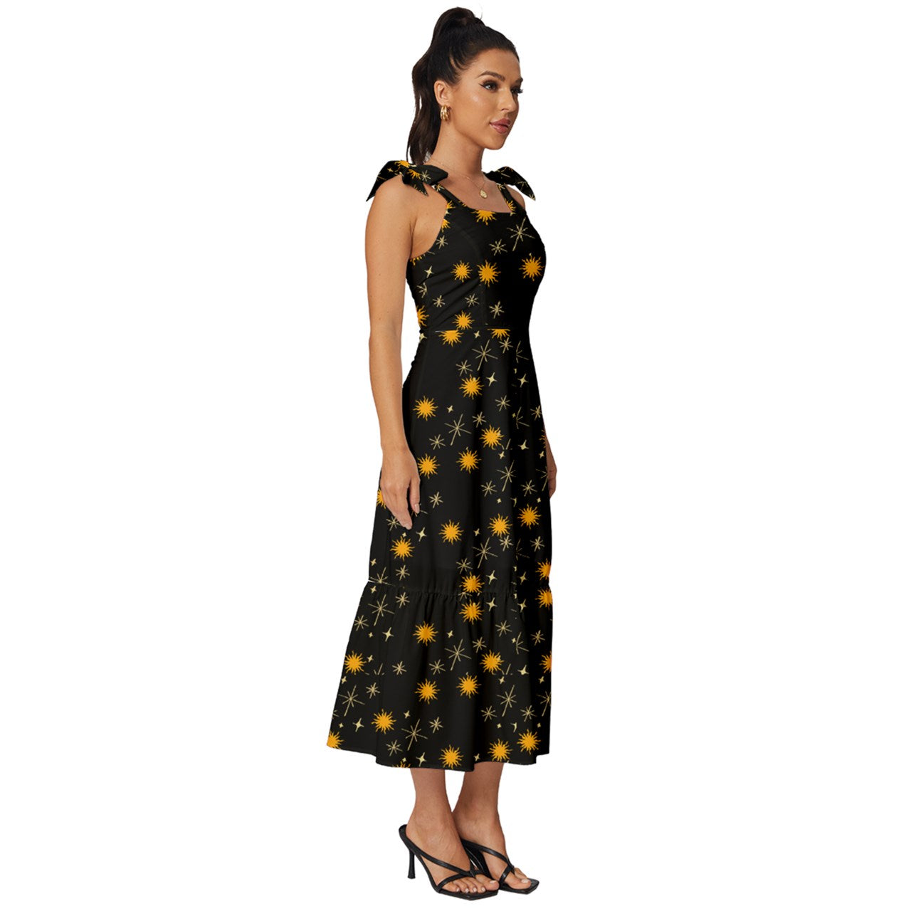 Black Whimsy Tie-Strap Tiered Midi Chiffon Dress