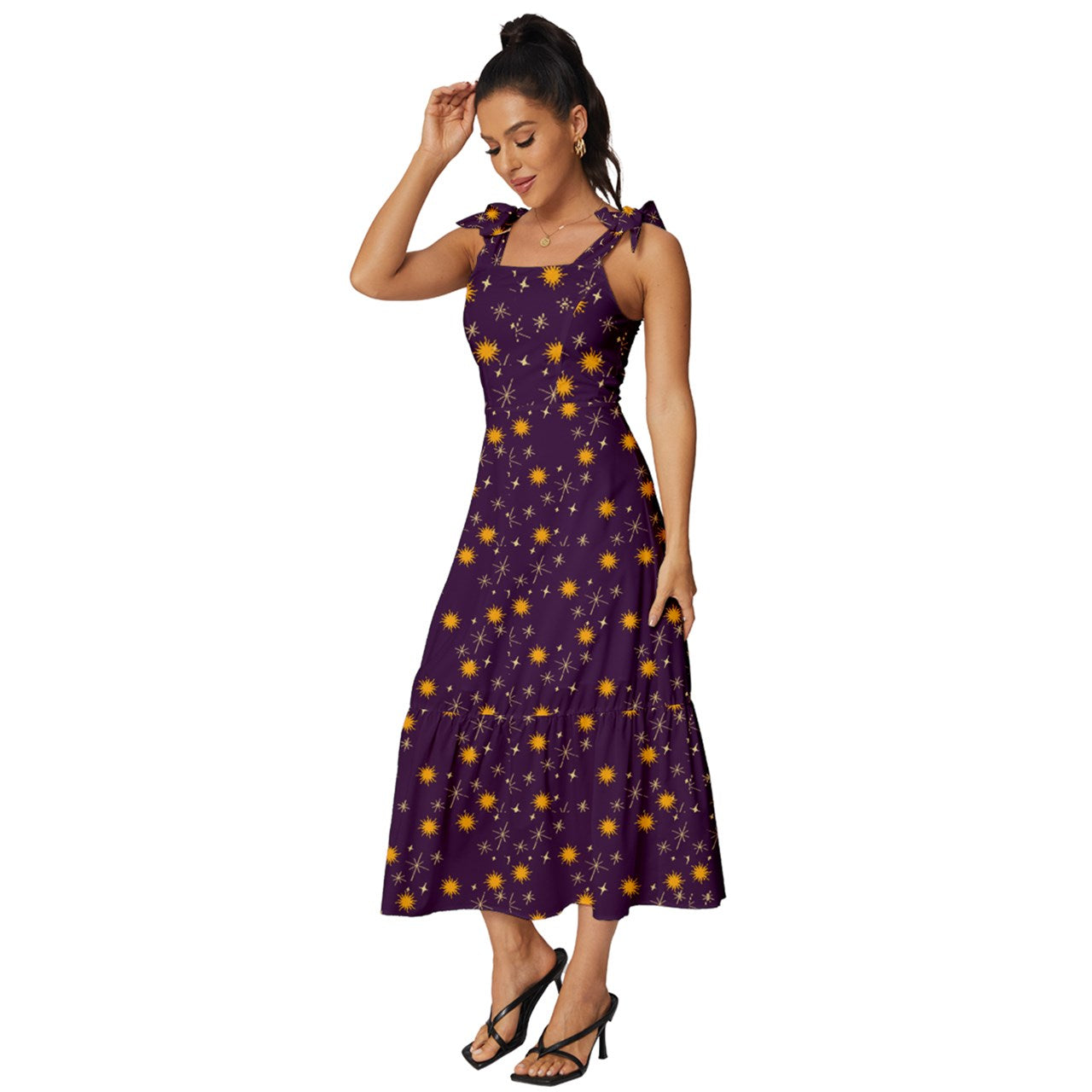 Purple Whimsy Tie-Strap Tiered Midi Chiffon Dress