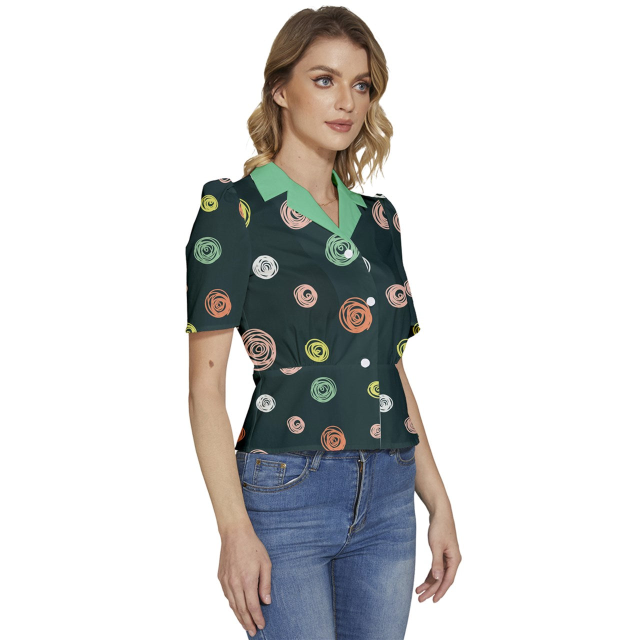 Mint Milk Puffed Short Sleeve Button Up Jacket