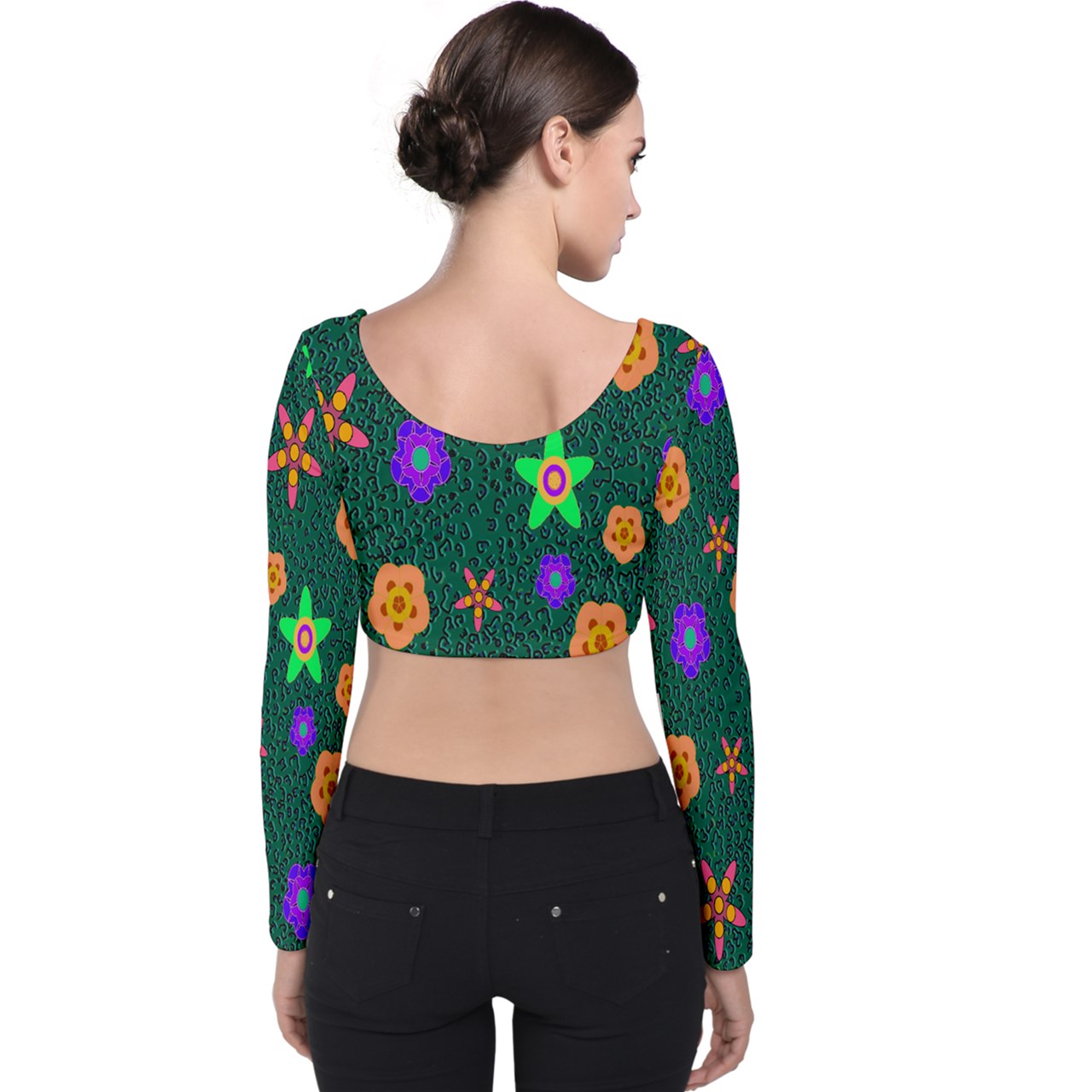 cheetafloral Striped Velvet Long Sleeve Crop Top