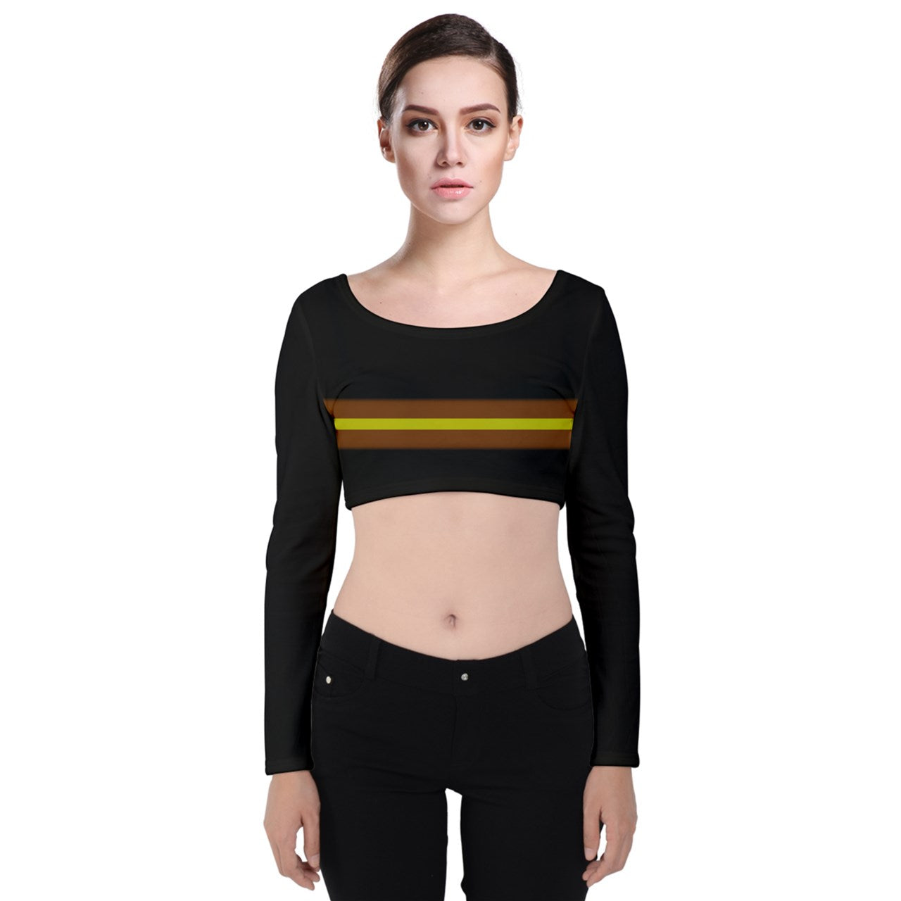 brownyellowstripe Velvet Long Sleeve Crop Top