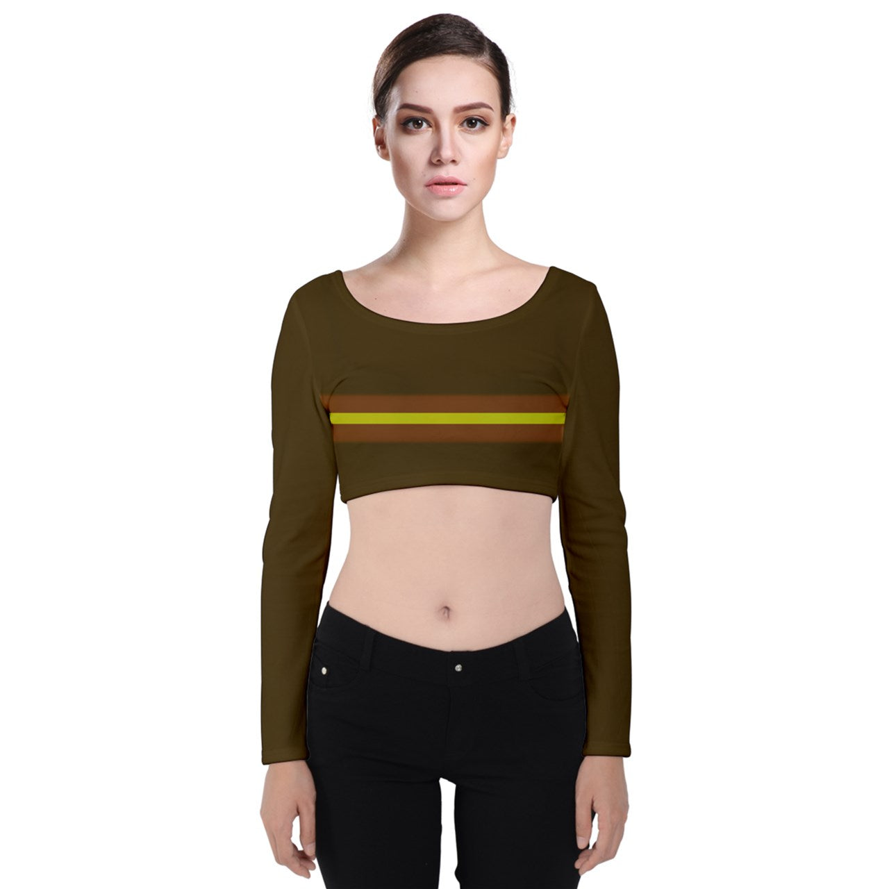 Brown brown yellow stripe Velvet Long Sleeve Crop Top