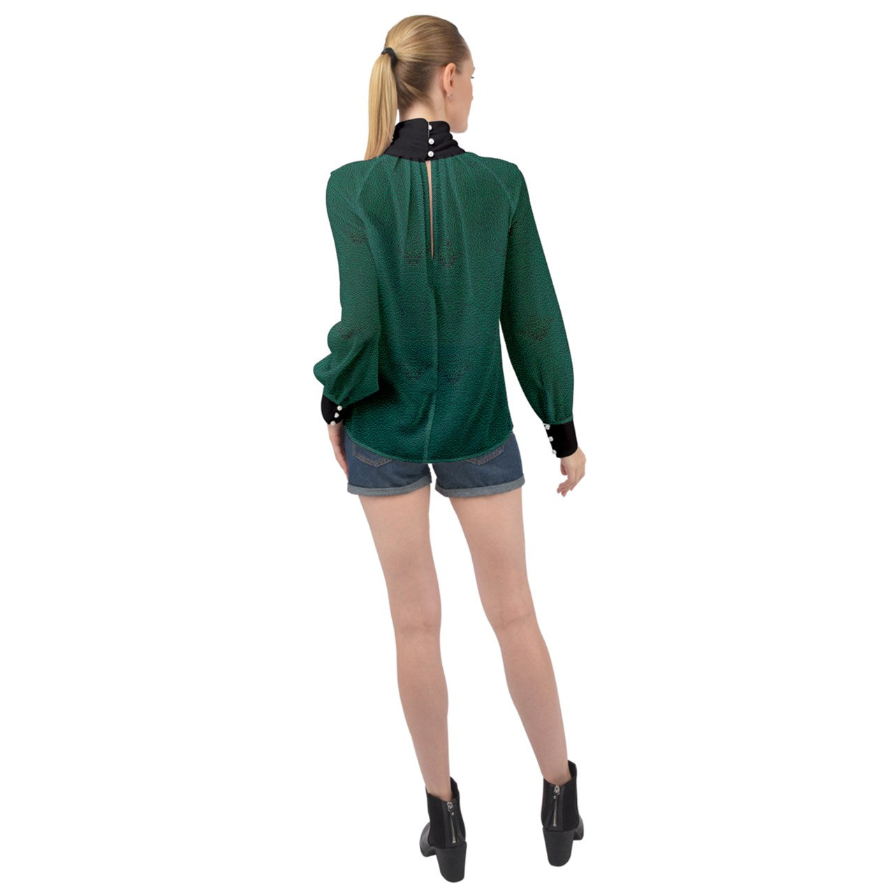 Black Strap greencheeta High Neck Long Sleeve Chiffon Top