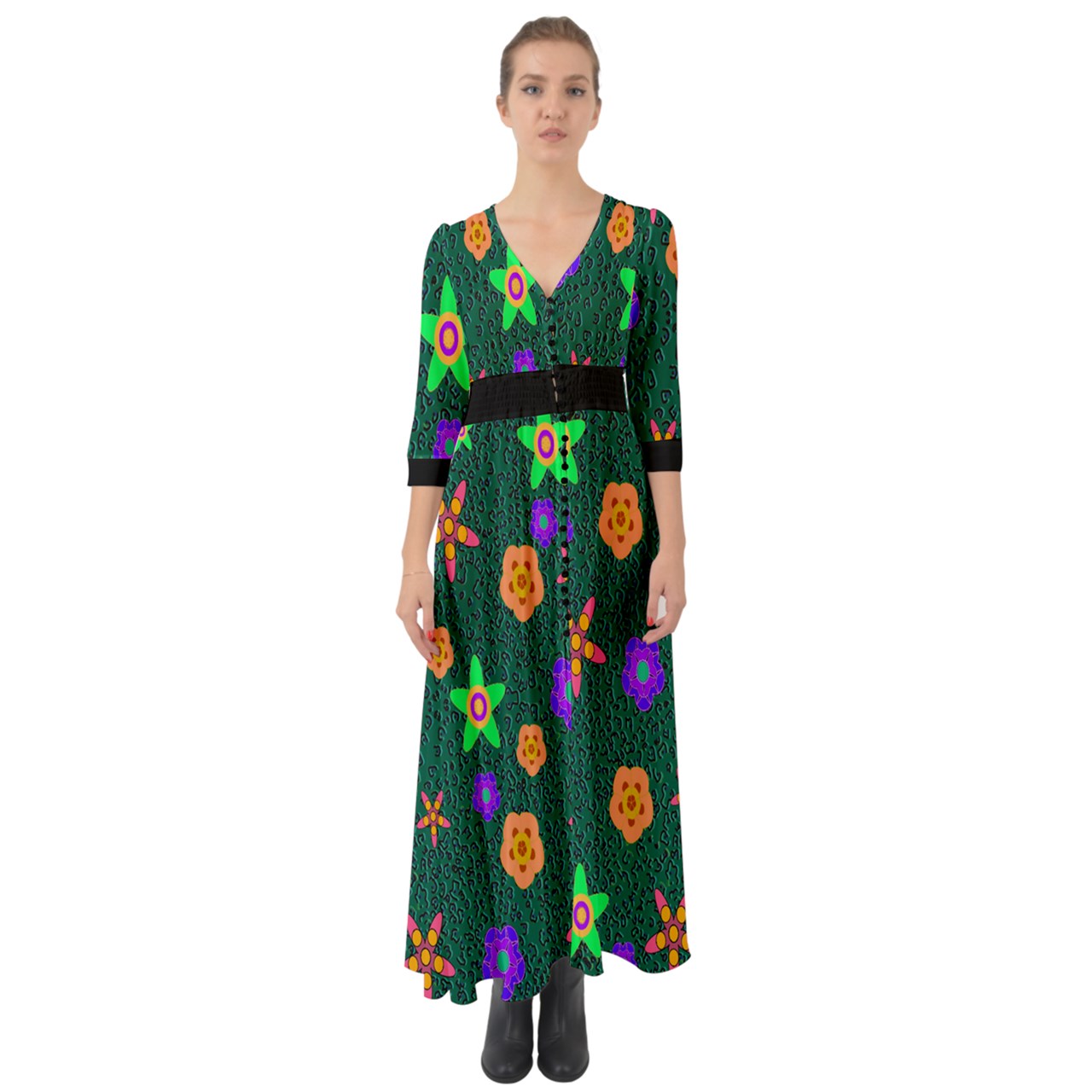 cheeta floral Button Up Boho Maxi Dress