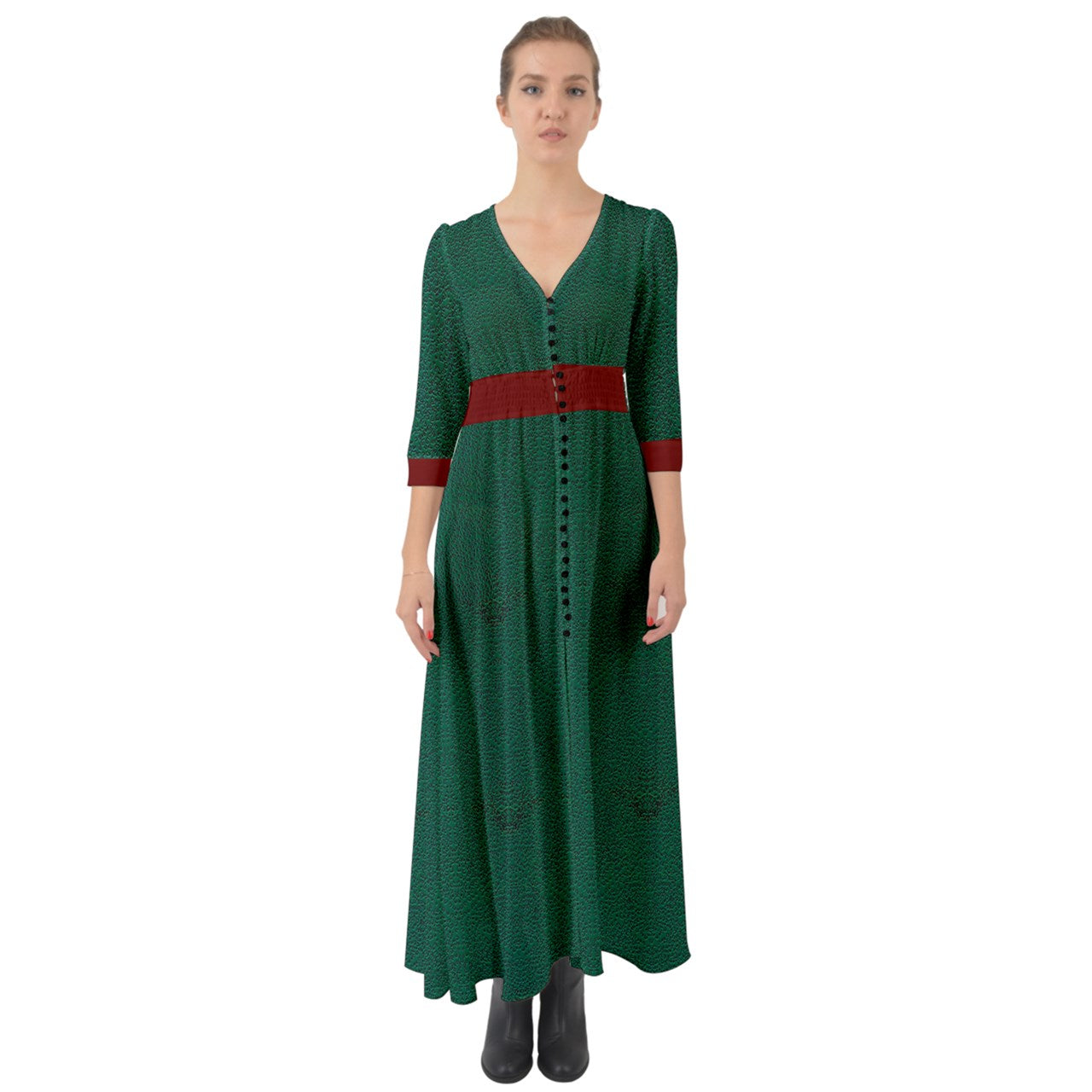 Red Strap green cheeta Button Up Boho Maxi Dress