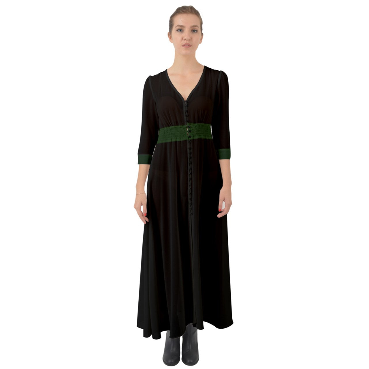 Green Strap Button Up Boho Maxi Dress