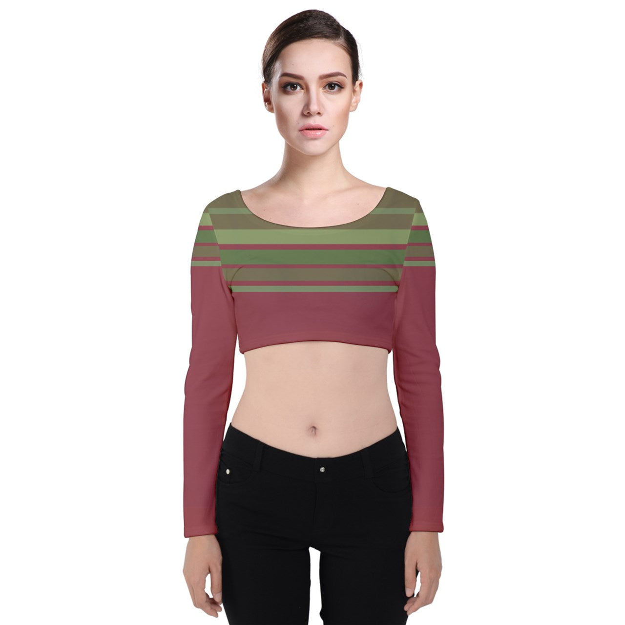 burgundy green striped Velvet Long Sleeve Crop Top