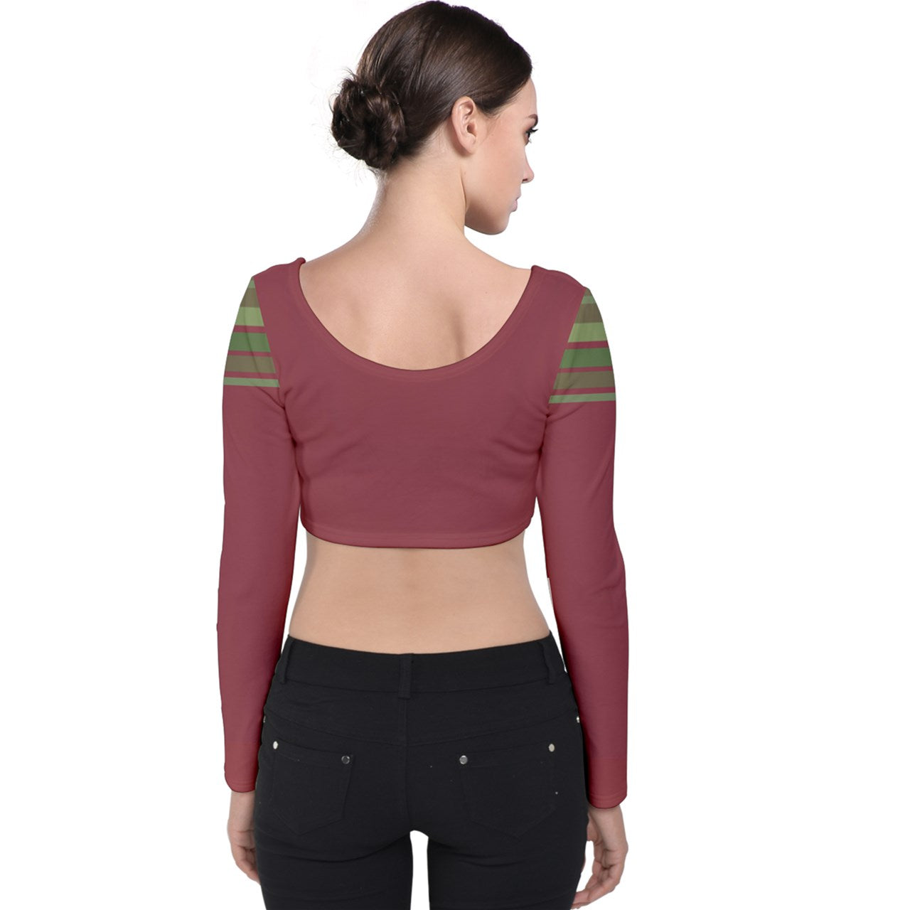 burgundy green striped Velvet Long Sleeve Crop Top