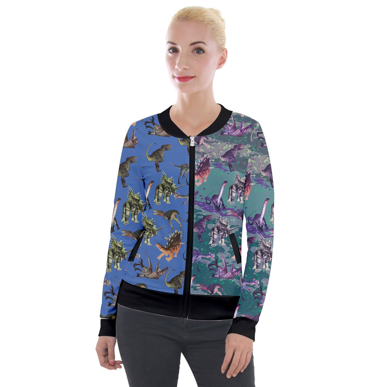 dinomight pattern block Velvet Zip Up Jacket