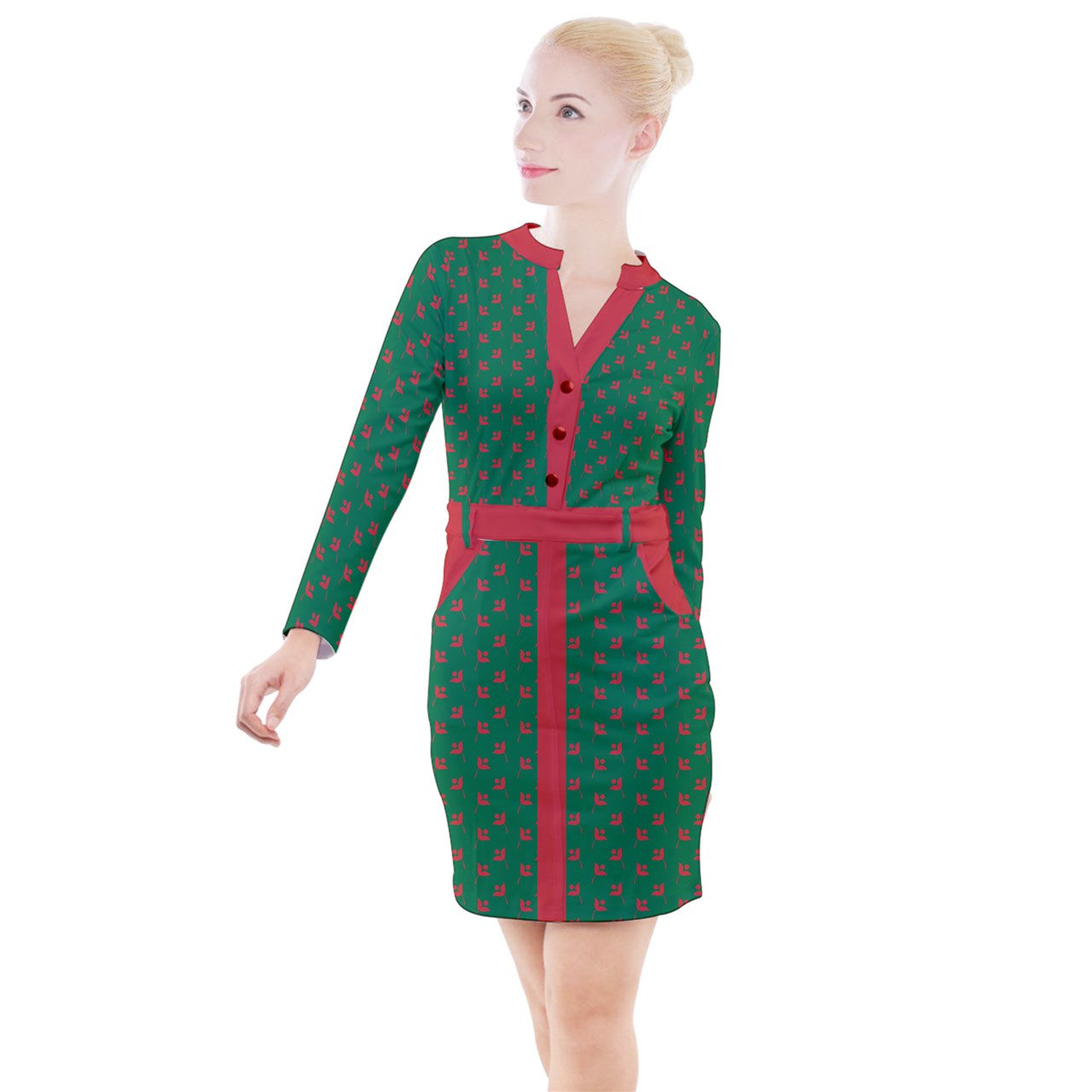 dark green mod Button Long Sleeve Dress