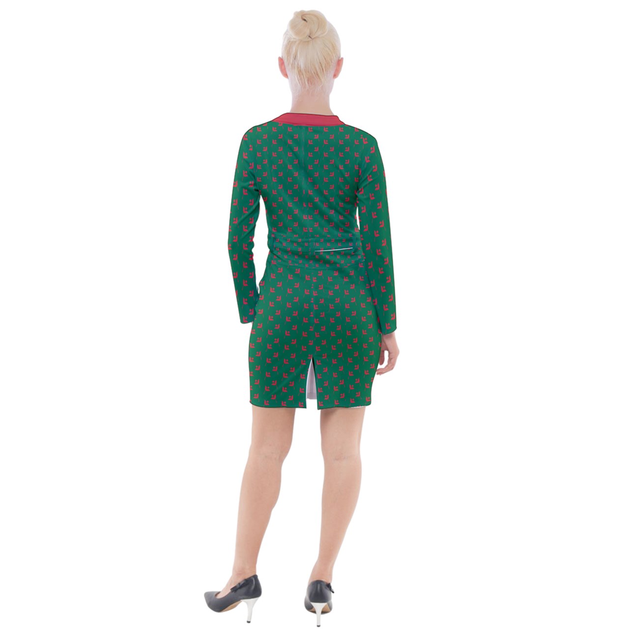 dark green mod Button Long Sleeve Dress