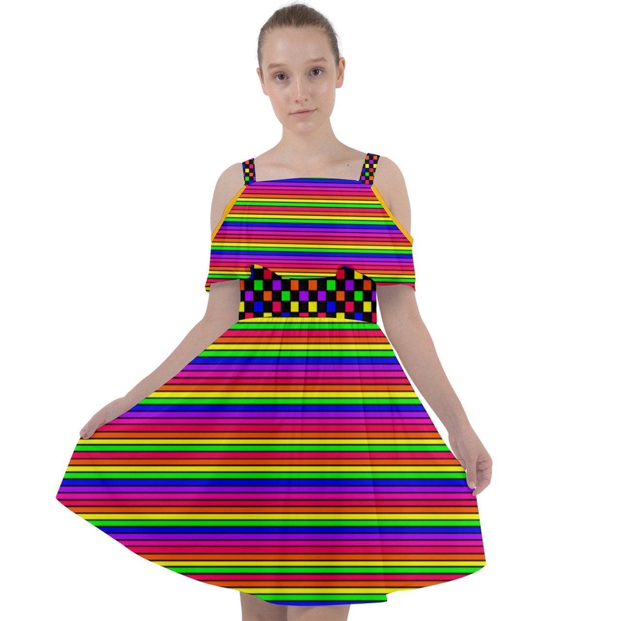 clown stripes Cut Out Shoulders Chiffon Dress
