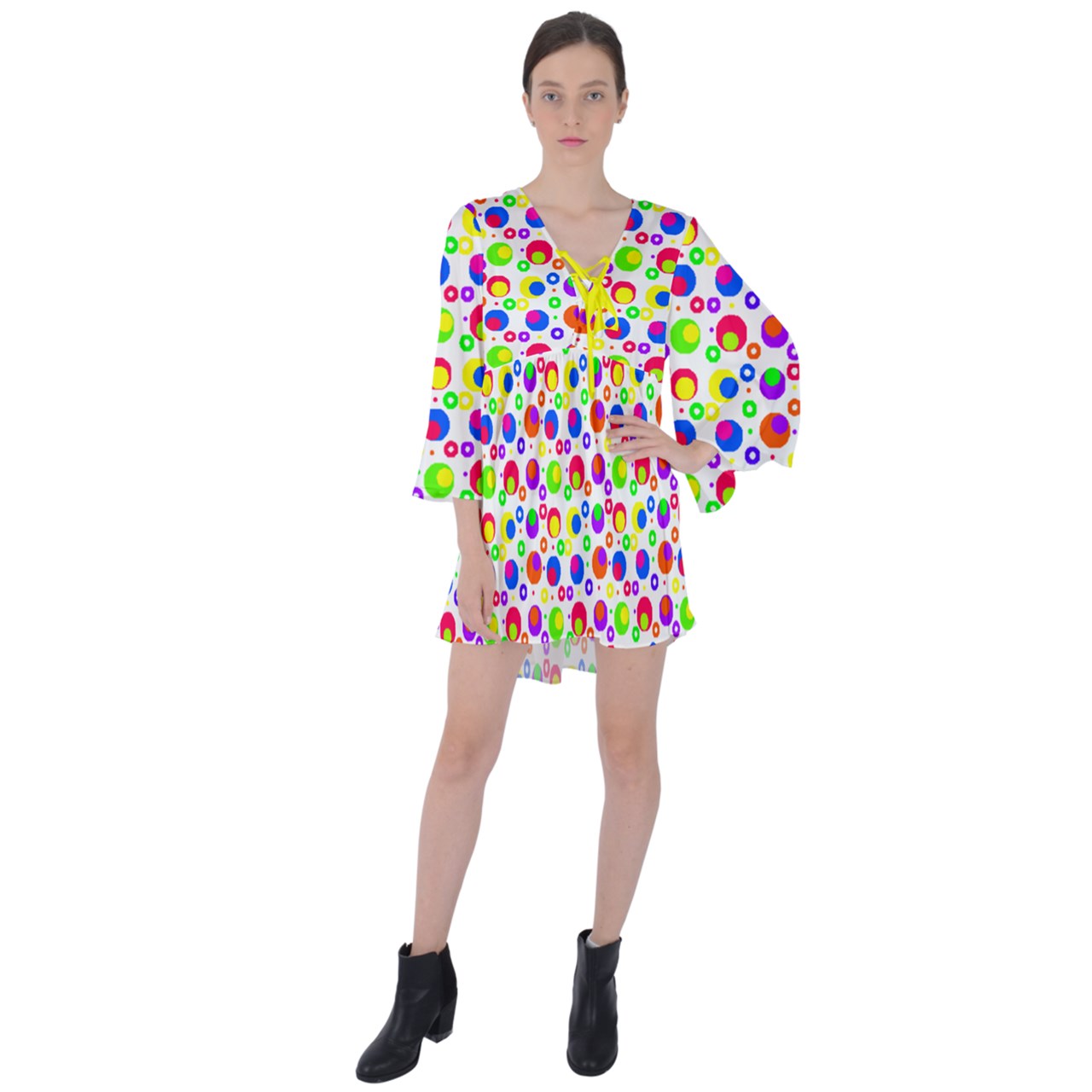 complex rainbow dot V-Neck Flare Sleeve Mini Dress
