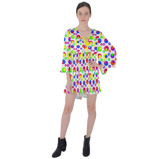 complex rainbow dot V-Neck Flare Sleeve Mini Dress