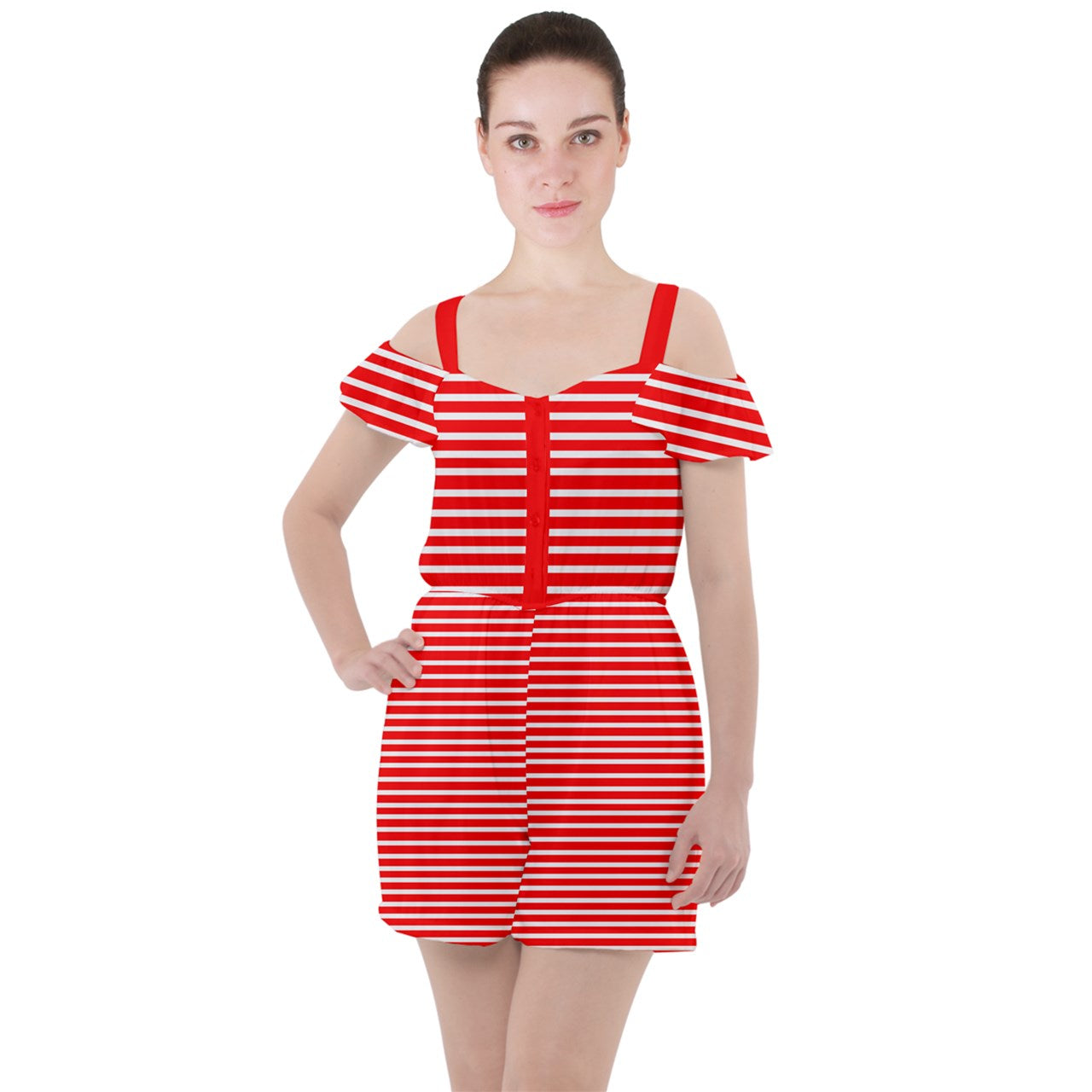 red beach stripe Ruffle Cut Out Chiffon Playsuit
