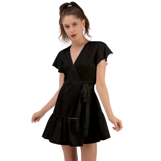 all black Flutter Sleeve Wrap Dress
