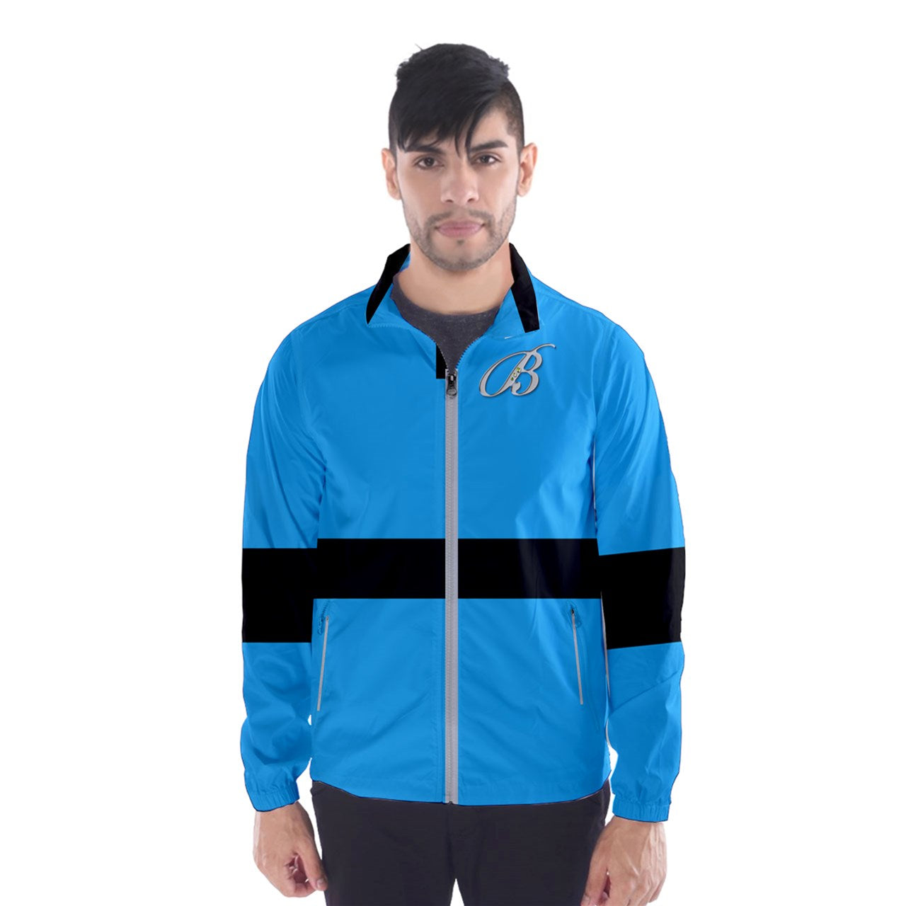 cool blue strapped Windbreaker